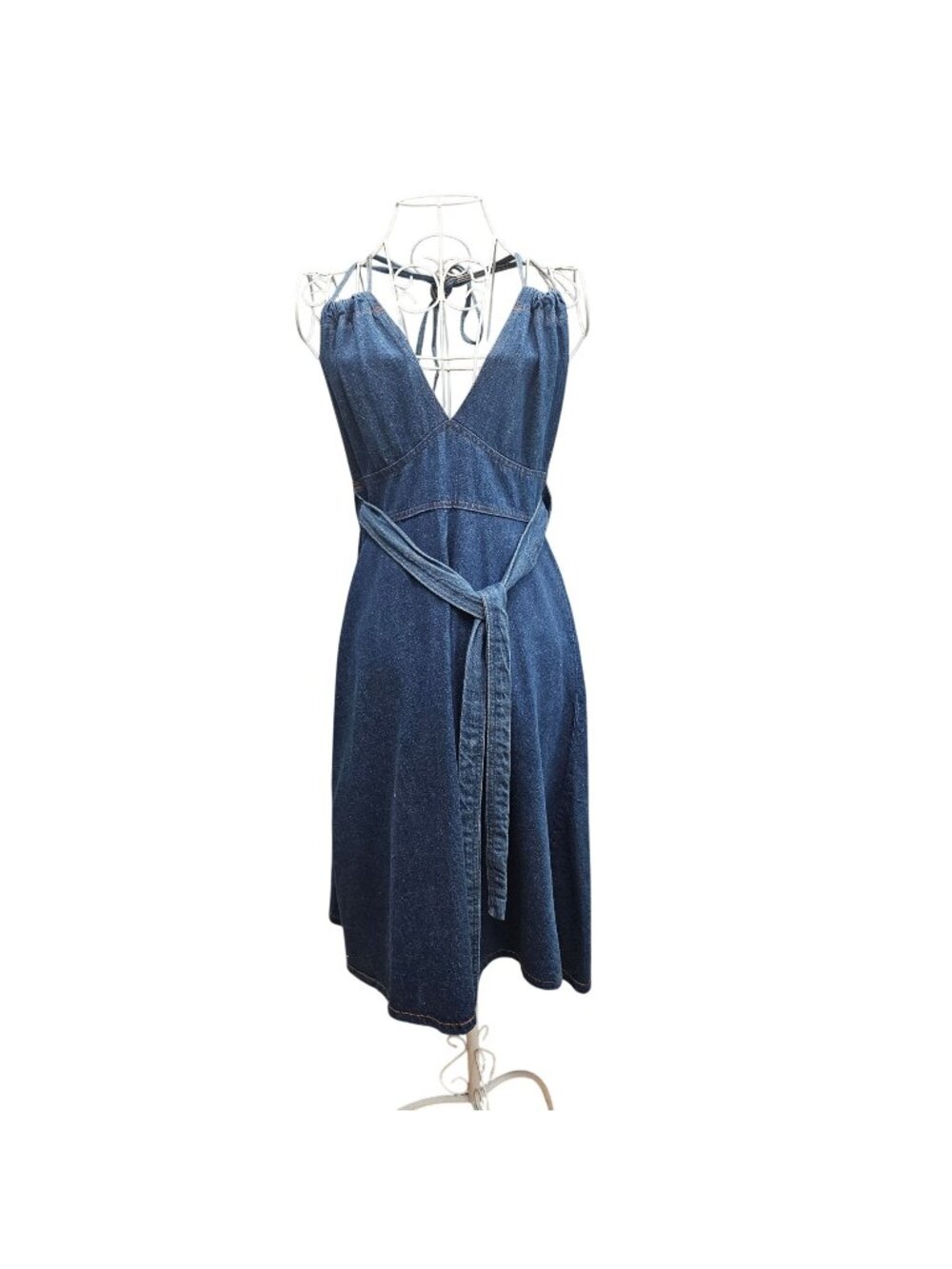 Vintage 80's Halter Wrap Denim Dress With Tie Waist Open Back Size L Pulse Jeans